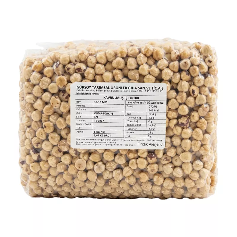 Gürsoy Kavrulmuş İç Fındık 5 kg (13-15 mm Kalibre) - 1. Kalite Bütün Fındık - Vakumlu Paket