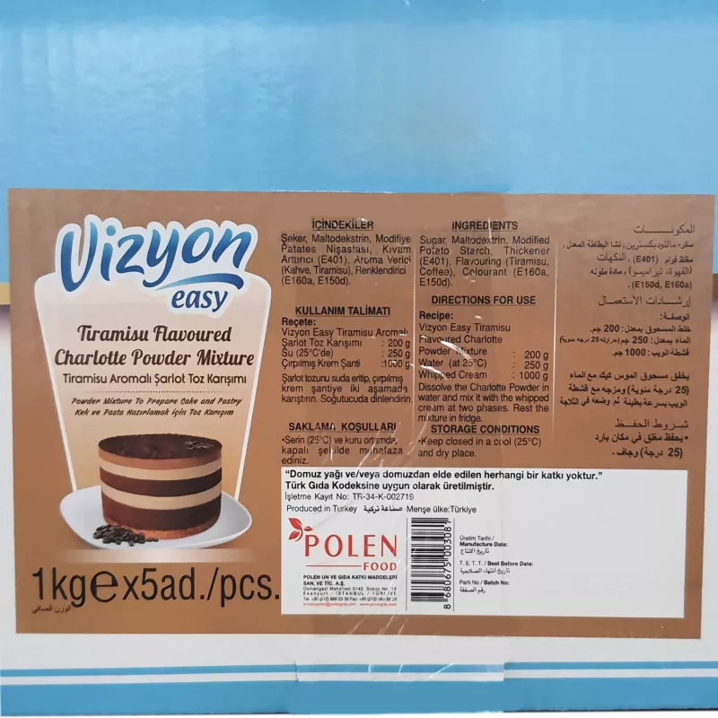 Vizyon Easy Tiramisu Aromalı Charlotte Toz Pasta Kreması 1 Kg X 5 Adet (Kolisiyle)