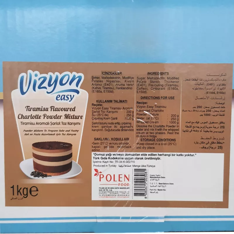 Vizyon Easy Tiramisu Aromalı Charlotte Toz Pasta Kreması 1 Kg