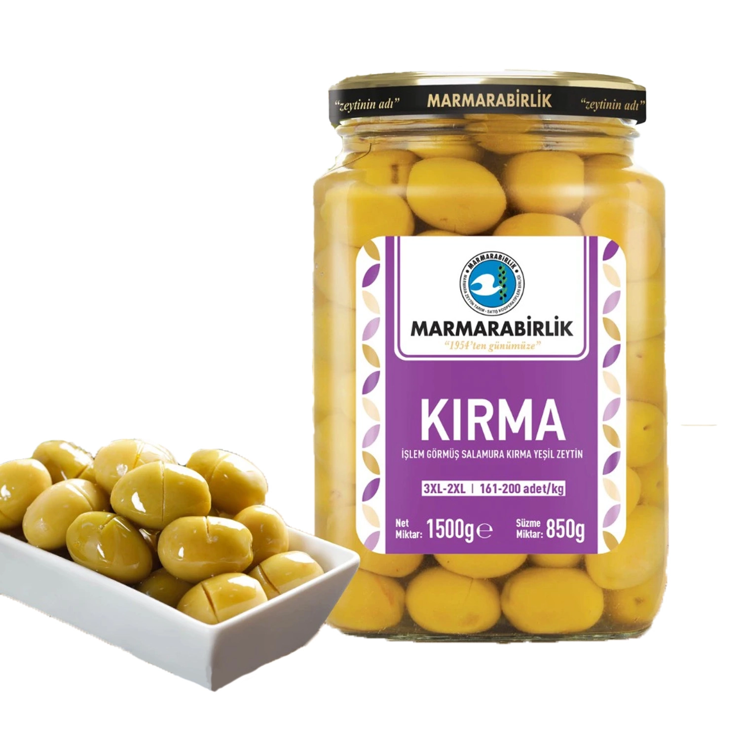 Marmarabirlik Kırma Yeşil Zeytin 850 g | 3XL–2XL İri Boy (161–200 Adet/kg)