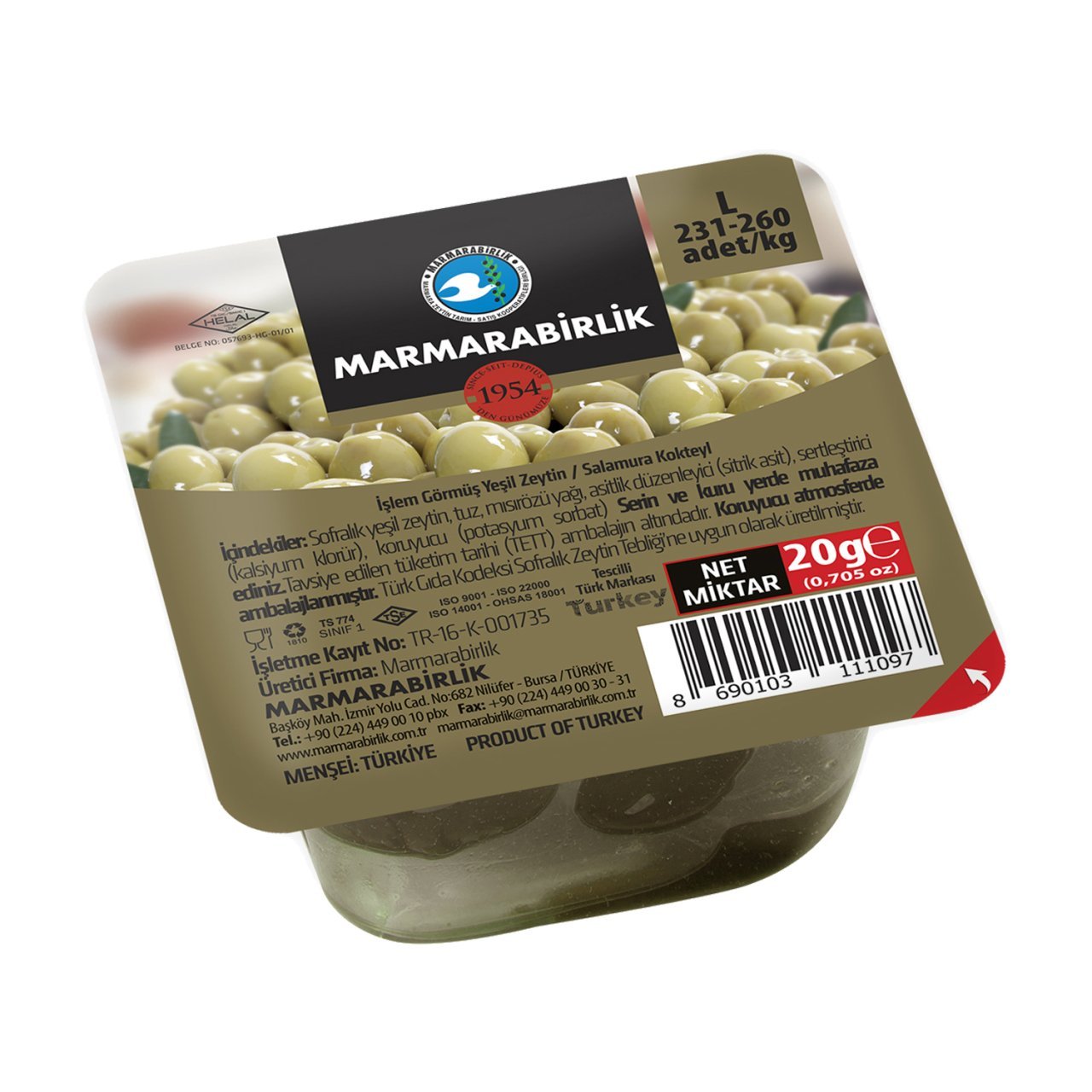 Marmarabirlik Yeşil Kokteyl Piknik Zeytin (L) 20 Gr.*80 Adet