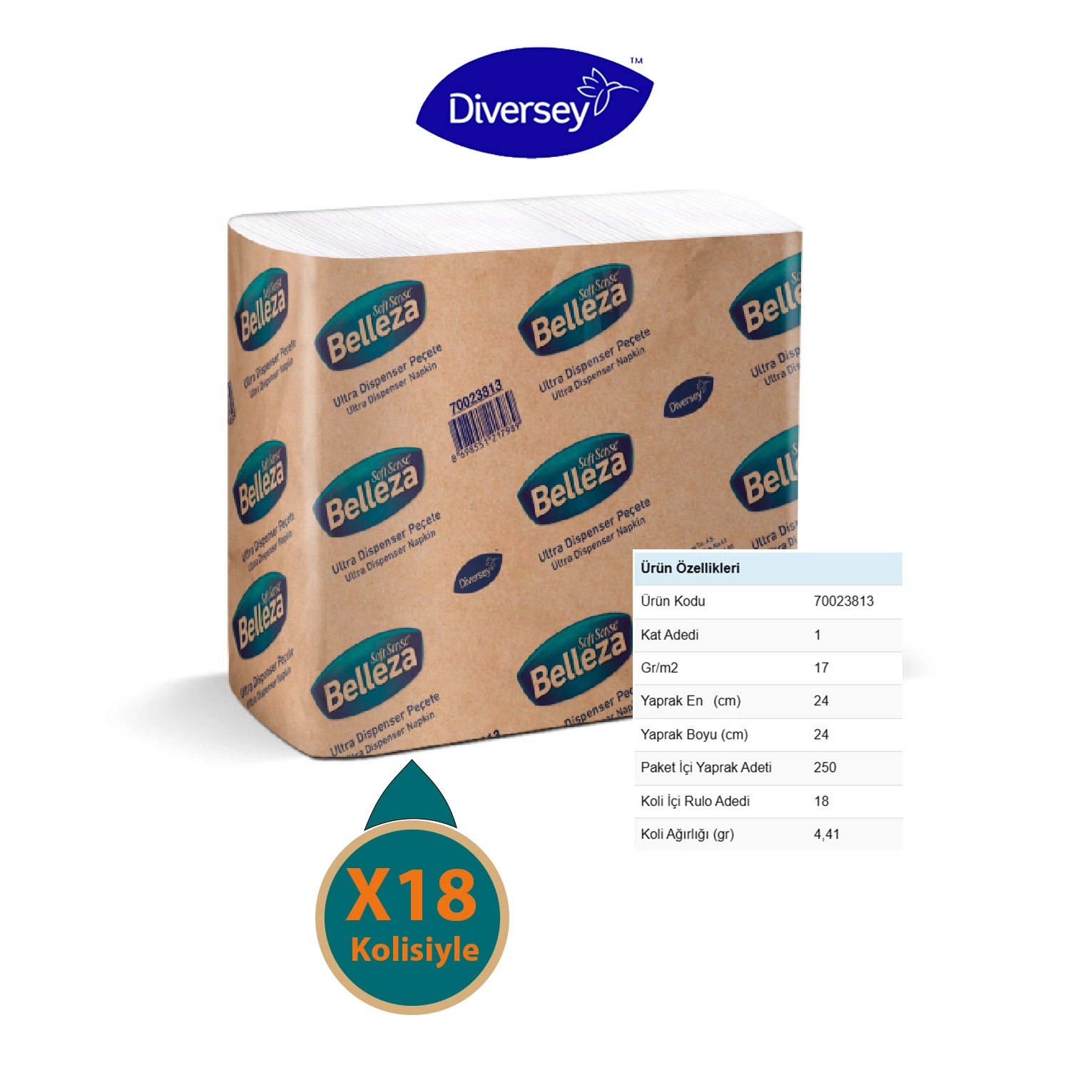 Diversey Belleza Ultra Dispenser Peçete 24X24cm 250 Yaprak X 18 Paket