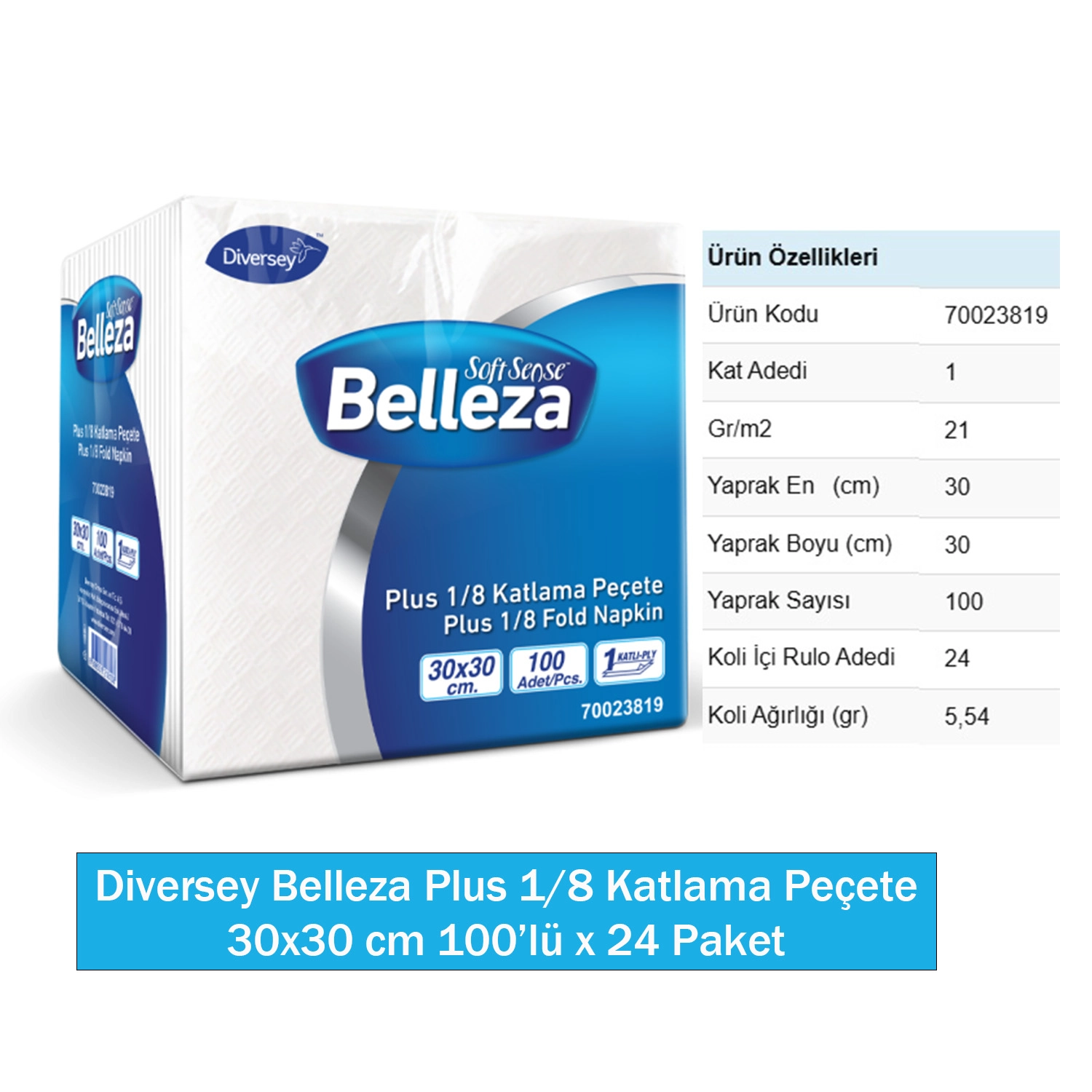 Diversey Belleza Plus 1/8 Katlama Peçete 30x30 cm 100’lü x 24 Paket