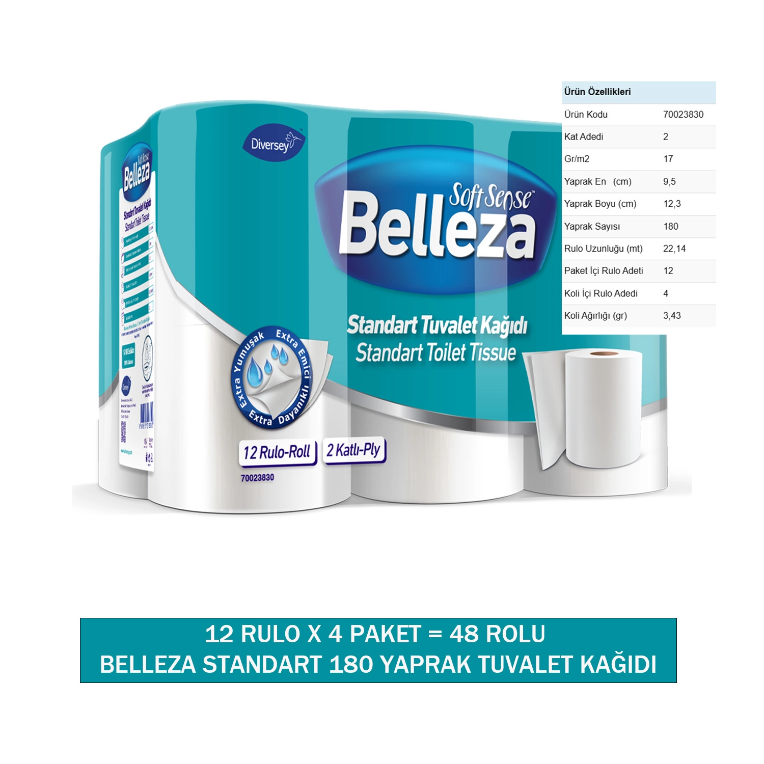 Diversey Belleza Standart Tuvalet Kağıdı 48 Rulo (12 Rulo X 4 Paket)