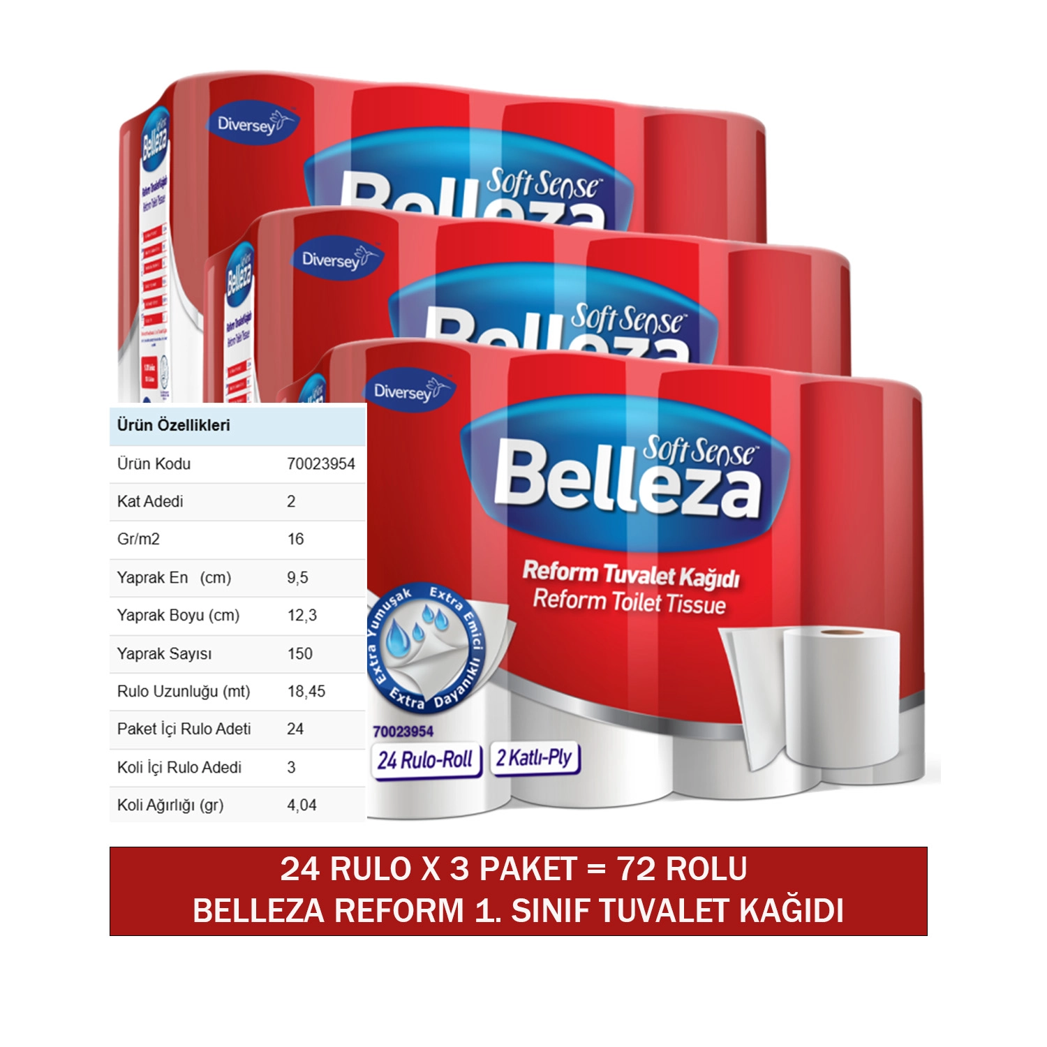 Diversey Belleza Reform 1. Sınıf Tuvalet Kağıdı 72 Rulo (24 X 3 Paket)