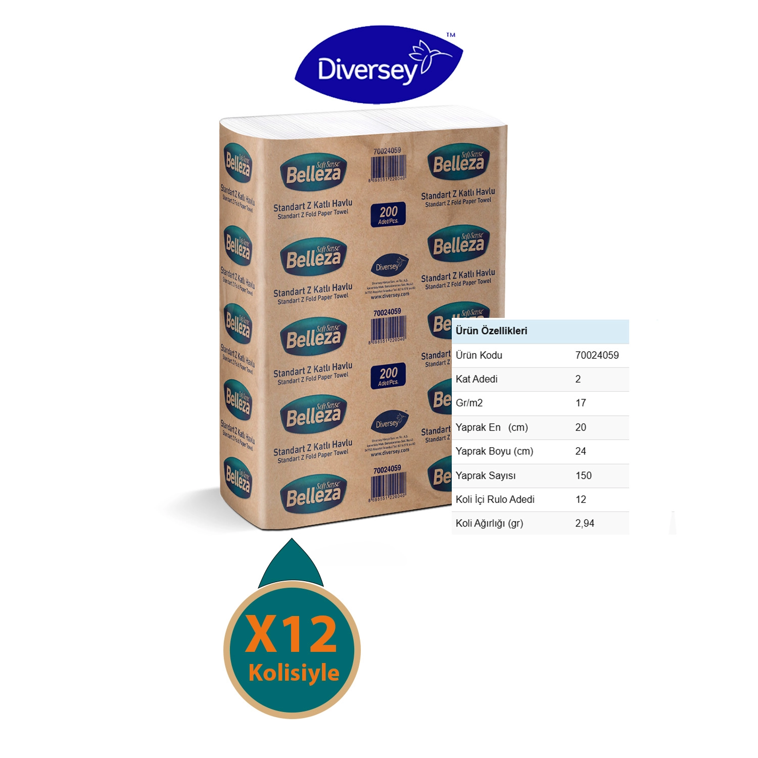 Diversey Belleza Standart Z Katlı Havlu 20X24 cm 150 Yaprak X 12 Paket