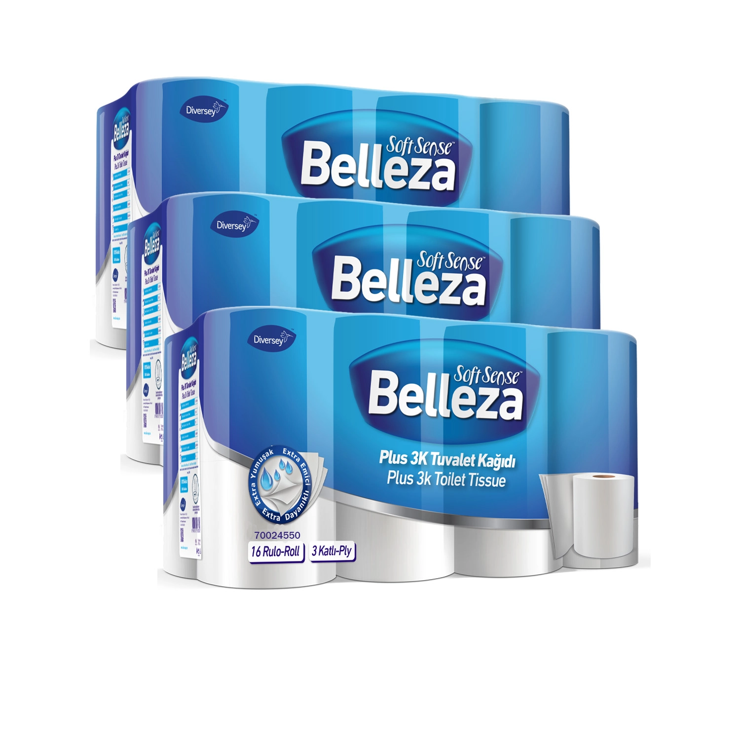 Diversey Belleza Plus 3 Katlı Tuvalet Kağıdı 150 Yaprak 48 Adet (16 Rulo x 3 Paket)