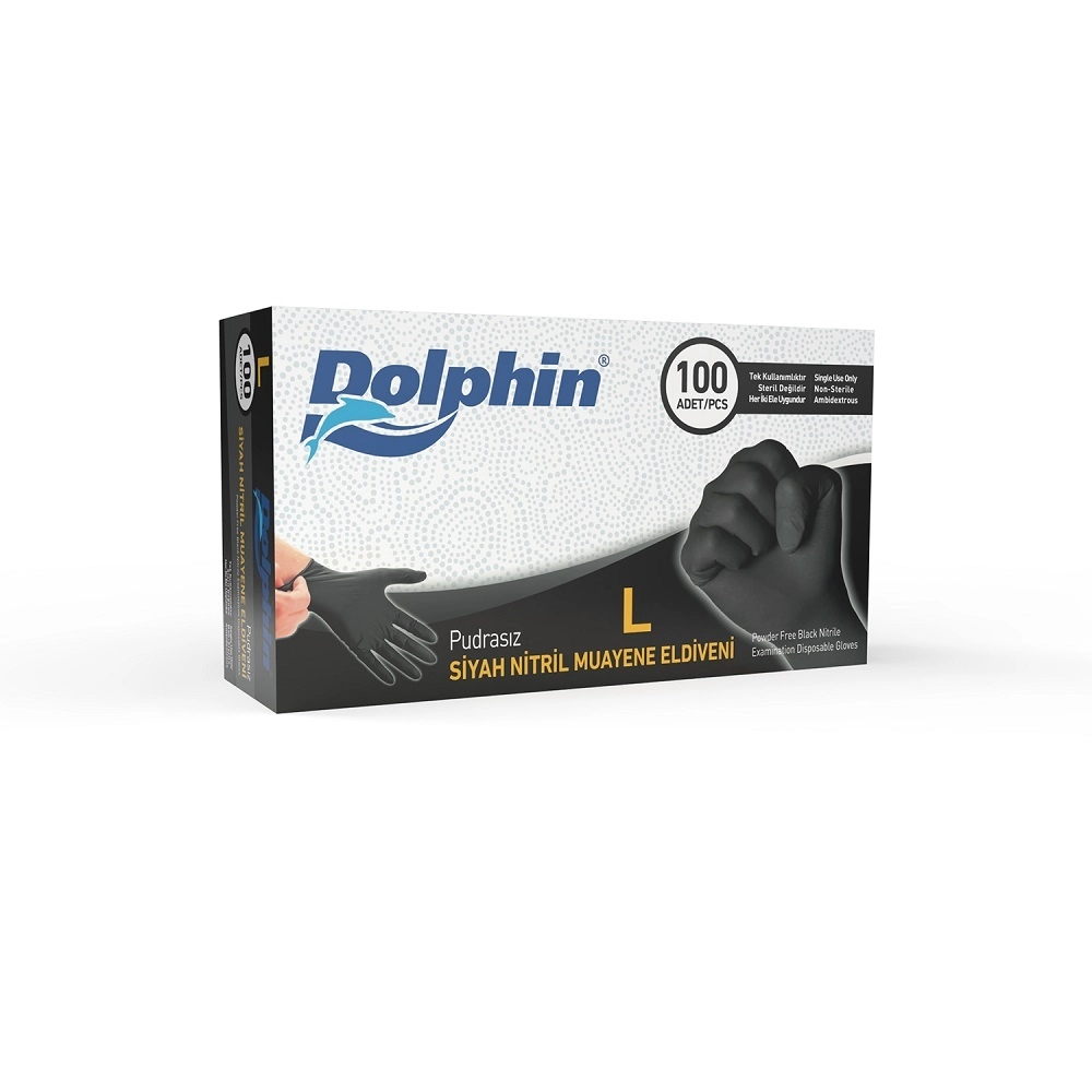Dolphin Nitril Muayene Eldiveni Pudrasız Siyah Large 100’lü Paket