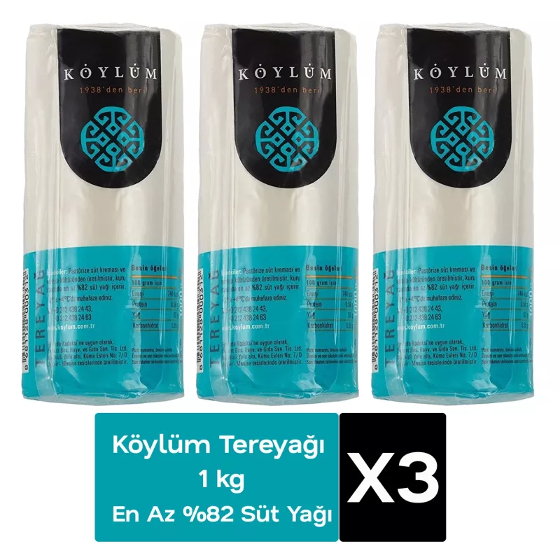 Köylüm %82 Süt Yağlı Tereyağı Rulo 1 kg X 3 Adet