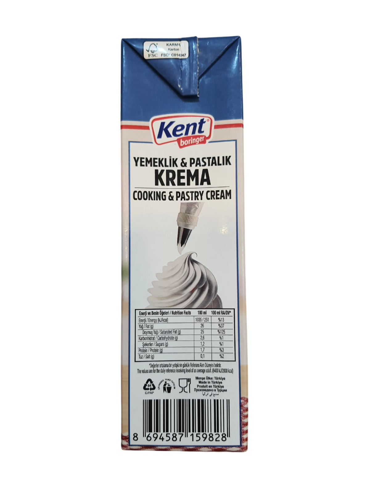Kent Boringer %26 Yağlı Yemeklik ve Pastalık Şekersiz Bitkisel Yağlı Krema 1L