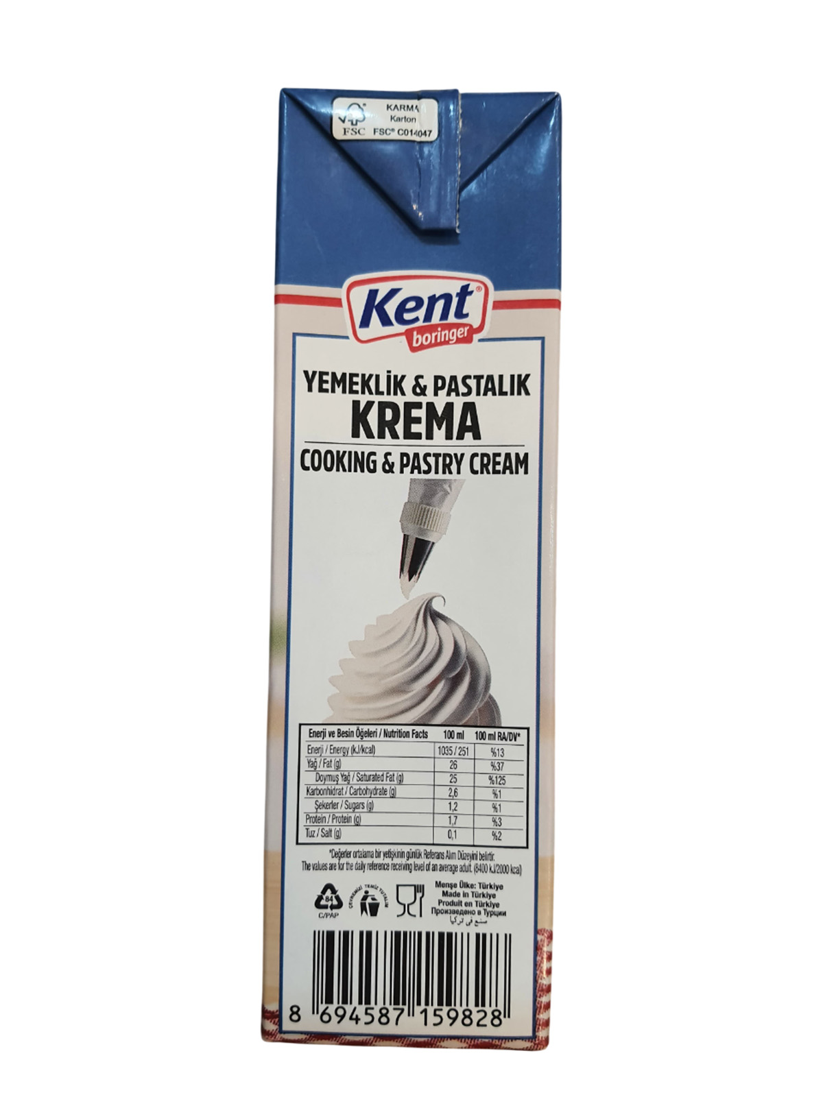 Kent Boringer %26 Yağlı Yemeklik ve Pastalık Şekersiz Bitkisel Yağlı Krema 1L