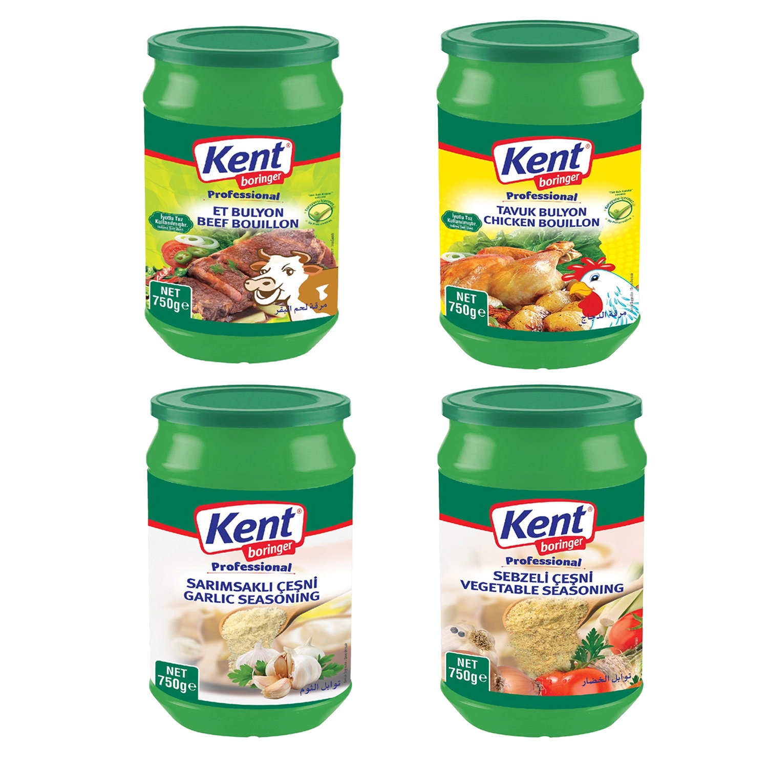 Kent Boringer 4’lü Çeşni Seti Sebzeli & Sarımsaklı Çeşni & Et Bulyon & Tavuk Bulyon 750g x 4 Adet