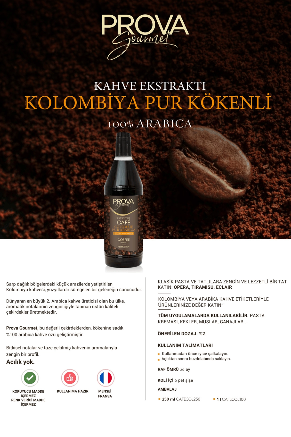 Prova Gourmet Kolombiya Saf Arabica Kahve Özütü 1 L | Pastacılık İçin
