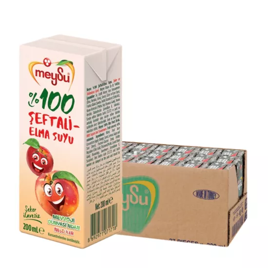 Meysu %100 Meyve Suyu Şeftali - Elma Şeker İlavesiz 200ml X 27 Adet Okul Gıdası Onaylıdır