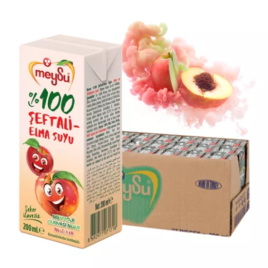 Meysu %100 Meyve Suyu Şeftali - Elma Şeker İlavesiz 200ml X 27 Adet Okul Gıdası Onaylıdır