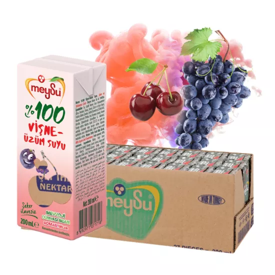 Meysu %100 Meyve Suyu Vişne-Kiraz-Üzüm Şeker İlavesiz 200ml X 27 Adet Okul Gıdası Onaylıdır