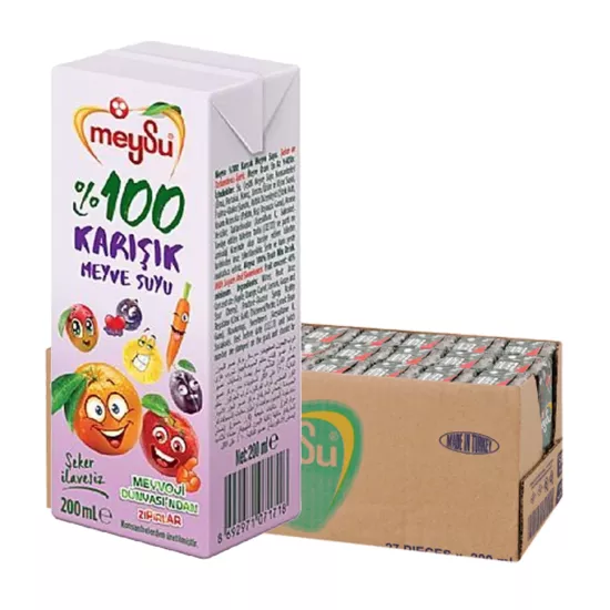 Meysu %100 Karışık Meyve Suyu Şeker İlavesiz 200ml X 27 Adet Okul Gıdası Onaylıdır