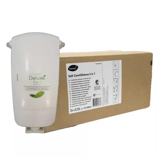 Diversey Soft Care Deluxe 2’si 1 Arada Saç ve Vücut Şampuanı 250 ml X 24 Adet (Kolisiyle) | Kremli Saç ve Vücut Yıkama Jeli | Şampuan Duş Jeli Banyo Köpüğü