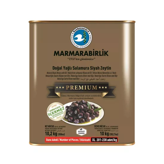 Marmarabirlik Premium Doğal Yağlı Salamura Siyah Zeytin XL 10 kg (201-230 adet/kg)