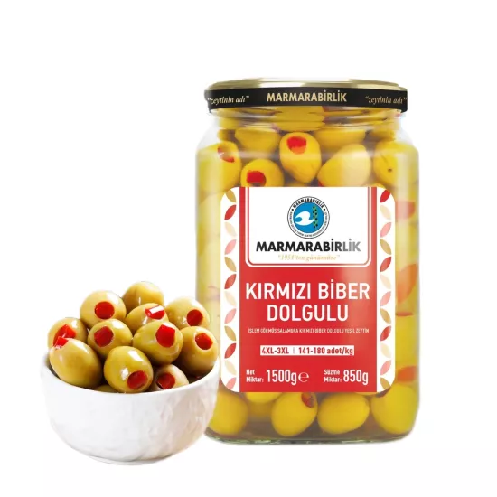 Marmarabirlik Kırmızı Biber Dolgulu Yeşil Zeytin 4XL-3XL (141-180) 850 gr.