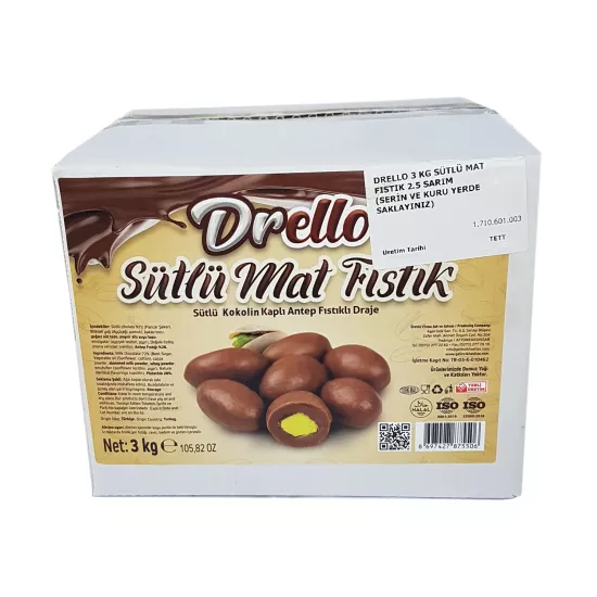 Drello Mat Sütlü Kokolin Kaplı Antep Fıstıklı Draje 3 kg (2.5 Sarım)