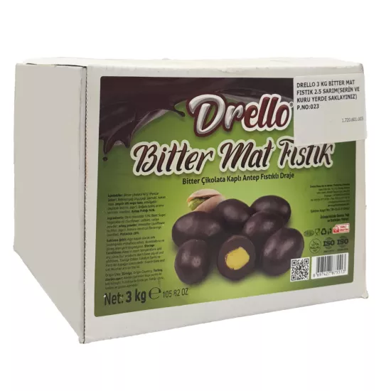 Drello Mat Bitter Çikolata Kaplı Antep Fıstıklı Draje 3 kg (2.5 Sarım)