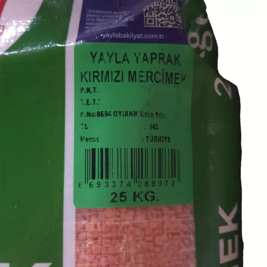 Yayla Yaprak Kırmızı Mercimek 25 Kg – Kabuksuz İkiye Bölünmüş Yerli Mercimek