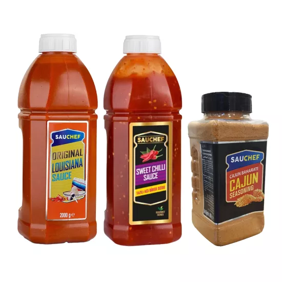 Sauchef 3’lü Set  Louisiana Hot Sauce 2000 g & Sweet Chili Sauce 2300 g & Cajun Seasoning 600 g Pet Şişe