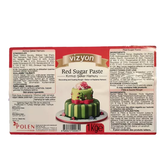Vizyon Kırmızı Şeker Hamuru 1 Kg  Pasta Kaplama ve Dekoratif Kullanım