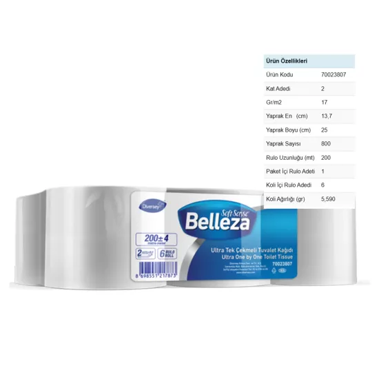 Diversey Belleza Ultra Tek Çekmeli Tuvalet Kağıdı 200m X 6 Adet