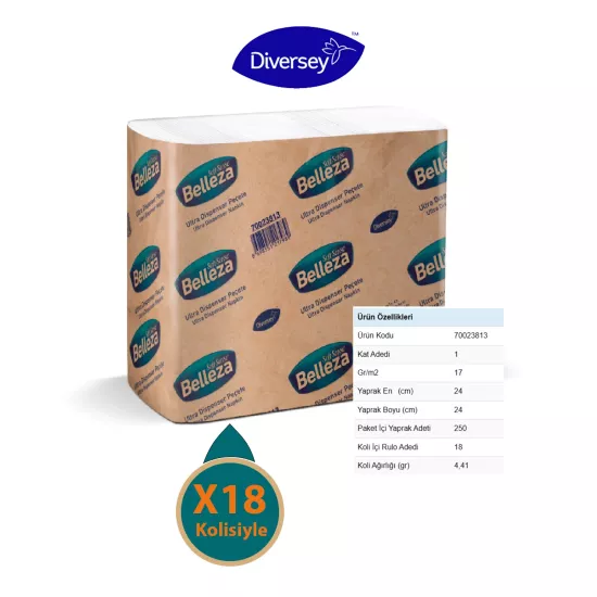 Diversey Belleza Ultra Dispenser Peçete 24X24cm 250 Yaprak X 18 Paket