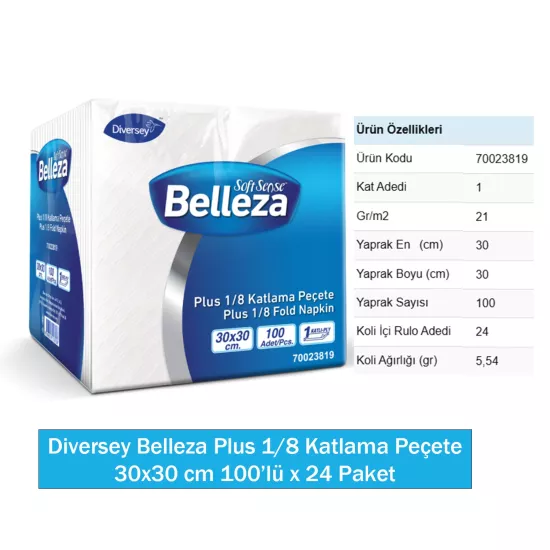 Diversey Belleza Plus 1/8 Katlama Peçete 30x30 cm 100’lü x 24 Paket