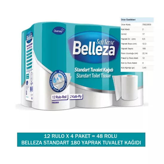 Diversey Belleza Standart Tuvalet Kağıdı 48 Rulo (12 Rulo X 4 Paket)