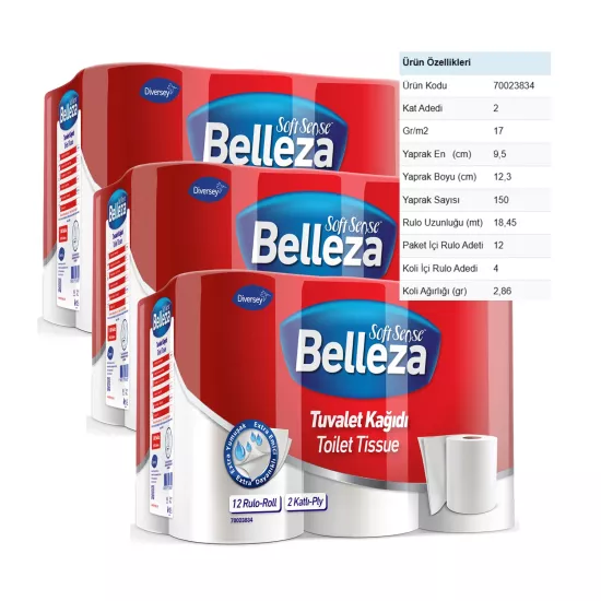 Diversey Belleza Tuvalet Kağıdı 150 Yaprak 48 Adet (12 Rulo x 3 Paket)