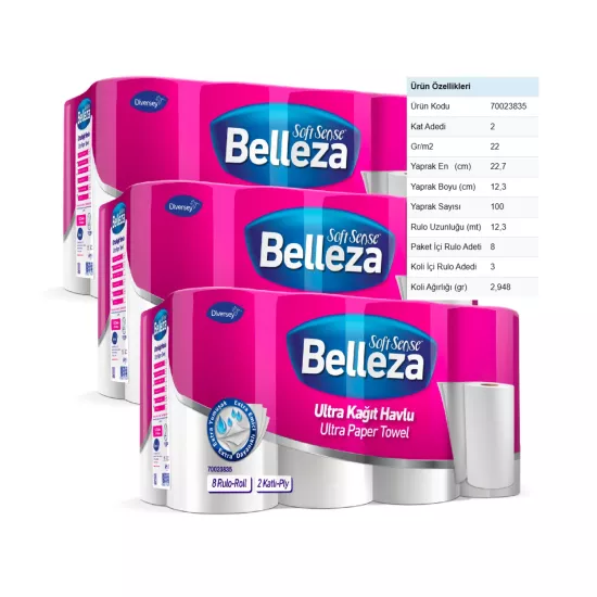 Diversey Belleza Soft Sense Ultra Kağıt Havlu 24 Adet (8 Rolu X 3 Paket)
