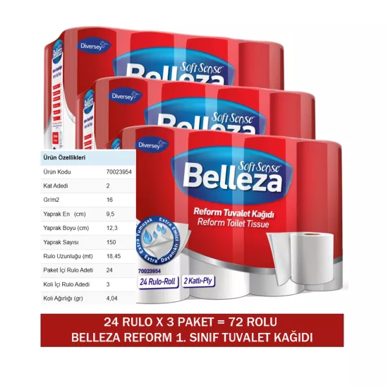 Diversey Belleza Reform 1. Sınıf Tuvalet Kağıdı 72 Rulo (24 X 3 Paket)
