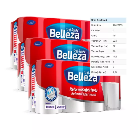 Diversey Belleza Reform Kağıt Havlu 8 Rulo X 3 Paket 24 Adet