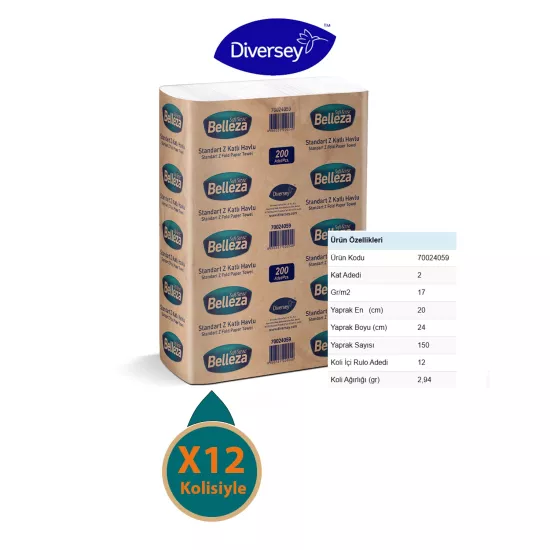 Diversey Belleza Standart Z Katlı Havlu 20X24 cm 150 Yaprak X 12 Paket