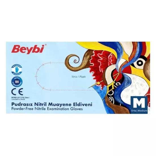 Beybi Nitril Muayene Eldiveni Pudrasız Mavi Medium 100’lü Paket