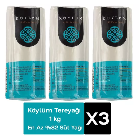 Köylüm %82 Süt Yağlı Tereyağı Rulo 1 kg X 3 Adet
