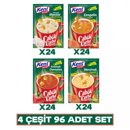 Kent Boringer Çabuk Çorba Çeşitleri 96 Adet (4 Farklı Lezzet x 24’lü Paket)