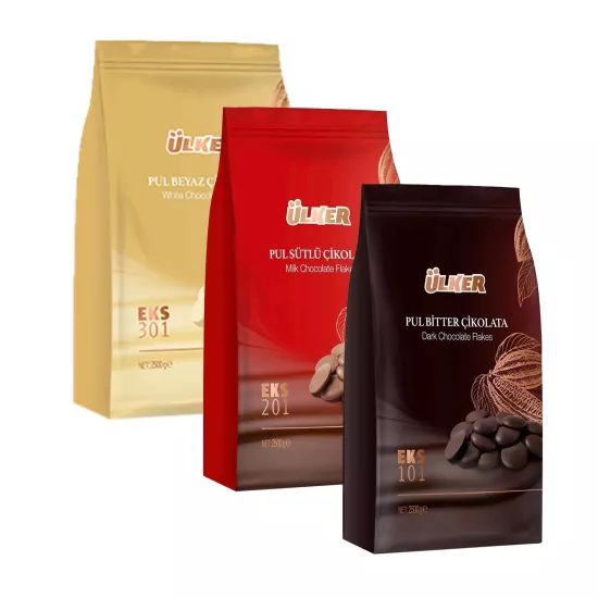 Ülker Kuvertür Pul Çikolata Seti (Sütlü 2,5 kg, Bitter 2,5 kg, Beyaz 2,5 kg)