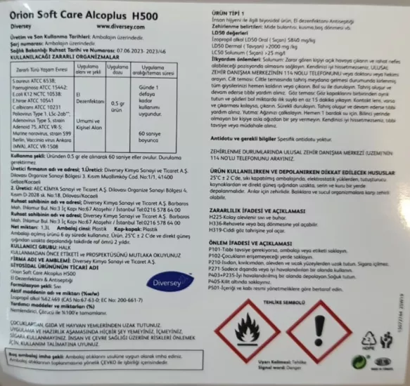 Diversey Orion Softcare Alcoplus H500 El Dezenfektanı-Antiseptiği 1,3L / 1,14 kg