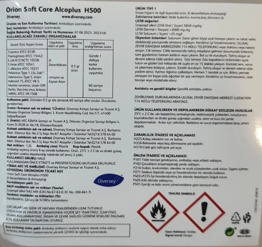 Diversey Orion Softcare Alcoplus H500 El Dezenfektanı-Antiseptiği 1,3L / 1,14 kg